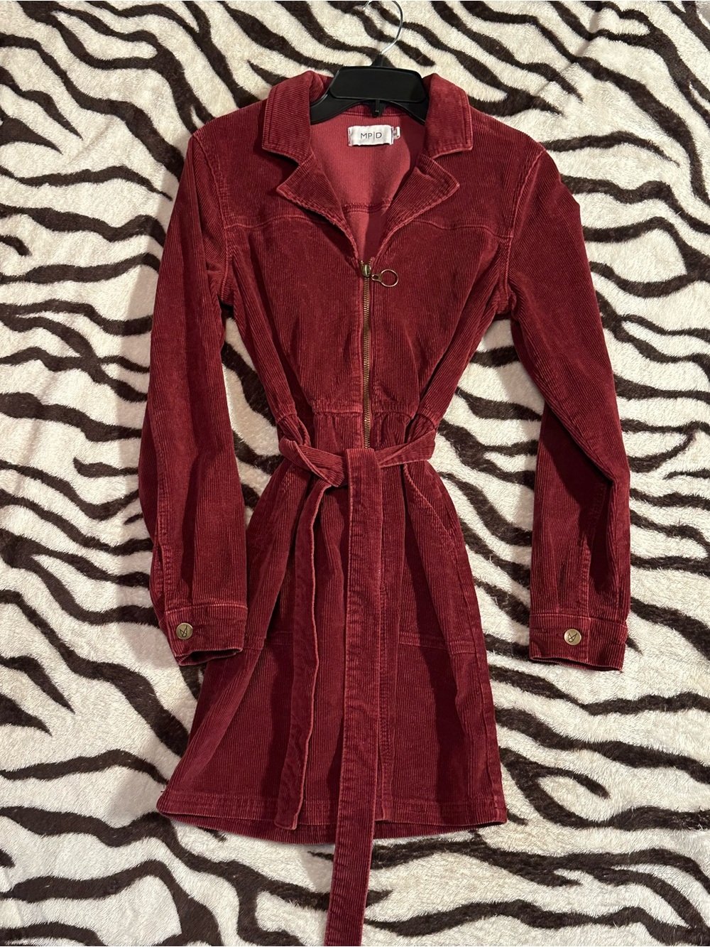MPG Wine Red Corduroy Midi Dress with Belt